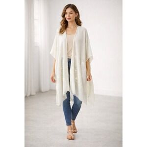 Time and Tru Embroidered Kimono Duster Ivory Open Front Boho Wrap L XL Shrug